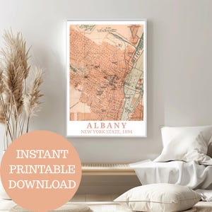 Albany (État de New York) vers 1894 : carte vintage (sans IA), affiche de voyage imprimable, amoureux des États-Unis, art mural cartographique, décoration d'intérieur de la côte est des États-Unis