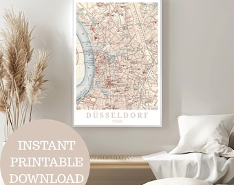 Düsseldorf as it was in 1908: Unterbilk-Derendorf-Flingern, design based on original city map (no AI!), wall art for self-printing, germany