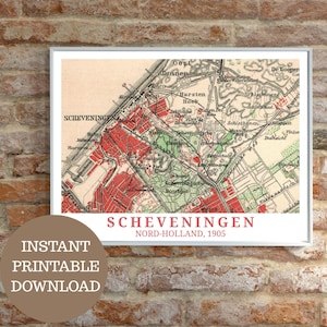 Scheveningen vers 1905 : carte vintage (sans IA), affiche de voyage imprimable, amoureux des Pays-Bas, art mural cartographique, La Haye, Pays-Bas, cadeau