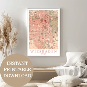 Wiesbaden alrededor de 1907: Diseño basado en un mapa antiguo de la ciudad (¡sin IA!), impresiones de carteles de viaje, idea de regalo para los residentes de Wiesbaden, decoración del hogar