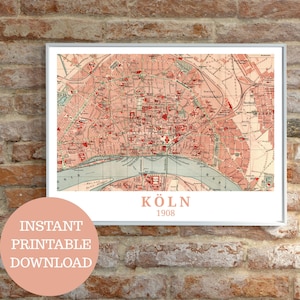 Cologne around 1908: Design based on a vintage map (no AI!), wall art for self-printing, Südstadt, Nippes, Deutz, Köln travel poster