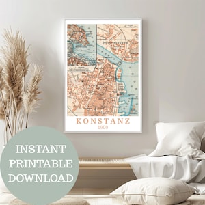 Constanza alrededor de 1909: póster de viaje, mapa antiguo (¡sin IA!), impresiones de arte mural vintage, regalo para los residentes de Constanza, decoración del lago de Constanza