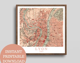 Lyon around 1907: Design based on a vintage city map (no AI!), printable travel poster, gift idea Auvergne-Rhône-Alpes wall art history