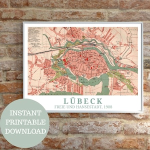 Lübeck around 1908: Travel poster, antique map (no AI!), vintage wall art, printable map Schleswig-Holstein, gift idea for Lübeck residents