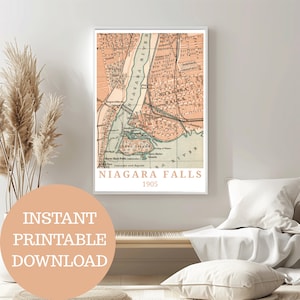 Könnte beinhalten: Gerahmter Vintage-Kartendruck von Niagara Falls aus dem Jahr 1905 mit einer detaillierten Illustration in Pfirsich-, Beige- und Türkistönen. Der Druck enthält den Text "Niagara Falls 1905" und wird in einem weißen Rahmen angezeigt.
