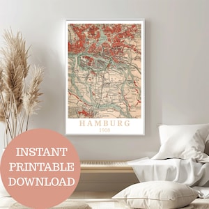 Hamburg and Harburg around 1908: Travel poster, antique map (no AI!), vintage wall art printable, gift idea for Hamburgers and Harburgers