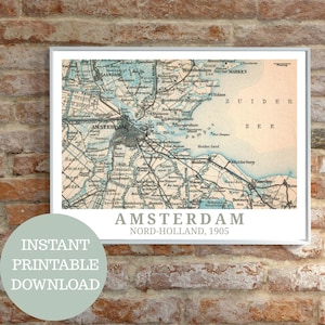 Amsterdam vers 1905 : carte vintage (sans IA), affiche de voyage imprimable, amoureux des Pays-Bas, art mural, vacances aux Pays-Bas, idée cadeau Pays-Bas