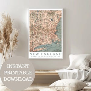 Neuengland (USA) um 1894: Vintage-Karte, Reiseposter Printable, Boston, Portland, Albany, Connecticut, Maine, New Hampshire, Rhode Island