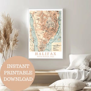 Puede incluir: Mapa vintage enmarcado de Halifax, Nueva Escocia, de 1922. El mapa presenta una ilustración detallada del diseño de la ciudad, con calles, edificios y el puerto. El mapa está en tonos marrones y azules, con el nombre de la ciudad y el año en la parte inferior.