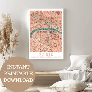 París (centro-oeste) en torno a 1896: póster de viaje, mapa histórico (sin IA), Barrio Latino, Campos Elíseos, Sena, regalo, abanico de Francia