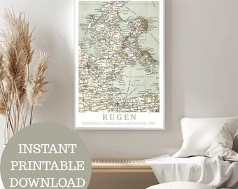 Rügen as it was in 1895: Artwork based on original map (no AI!), vintage travel poster, Hiddensee, Greifswald, Stralsund, Western Pomerania