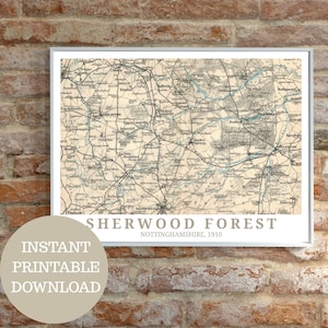 Sherwood Forest 1910: Vintage-Karte (ohne KI), druckbares Reiseposter, Nottinghamshire, Mansfield, Worksop, Ollerton, Bolsover, Edwinstowe