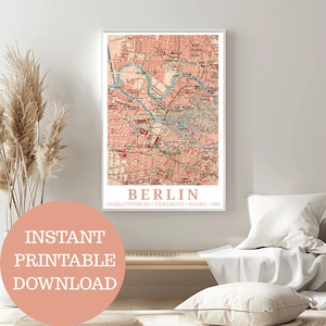 Puede incluir: Un mapa imprimible de Berlín, Alemania, en colores rosa y blanco. El mapa muestra las calles y los puntos de referencia de la ciudad. El texto "BERLIN CHARLOTTENBURG - TIERGARTEN - MOABIT, 1908" está impreso en la parte inferior del mapa.