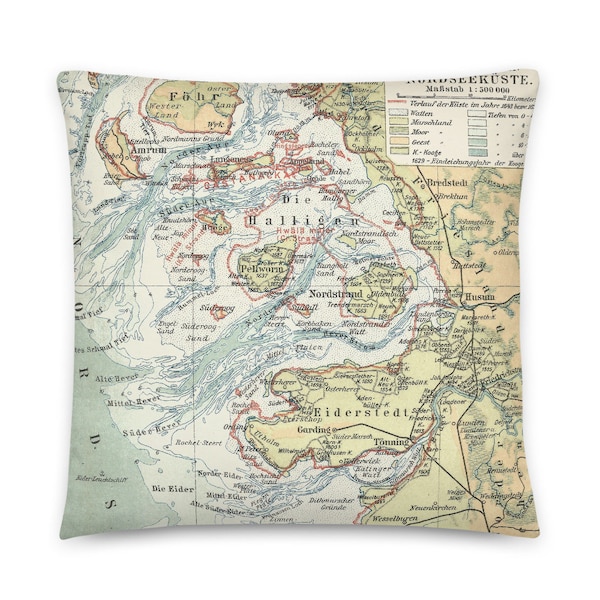German coast (Föhr / Amrum / Husum) in 1910: decorative pillow with historical map, gift North Sea, german islands, Schleswig-Holstein