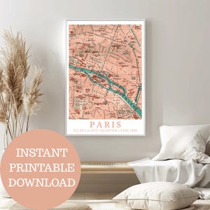 Paris (Centro-Leste) por volta de 1896: pôster de viagem, mapa histórico (sem IA), Île de la Cité, Quartier Latin, Marais, Sena, presente, fã da França