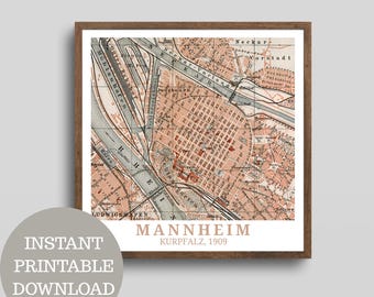 Mannheim around 1909: Design based on a vintage city map (no AI!), printable travel poster, gift for Mannheim residents and the Palatinate