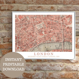 Londres 1909: Holborn, Fleet Street, mapa vintage (sem IA), pôster de viagem para impressão, amante da Grã-Bretanha, arte de parede, decoração para fãs da Inglaterra