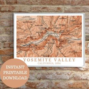 Yosemite Valley 1894: Reisposter, antieke kaart (zonder AI), vintage wandkunst, souvenir van Californië, historische kaart, Yosemite Falls