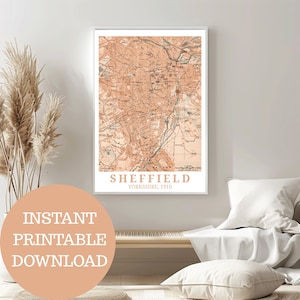 Sheffield por volta de 1910: pôster de viagem, mapa histórico (sem IA), presente de South Yorkshire, torcedor da Inglaterra, Grã-Bretanha, decoração de casa britânica