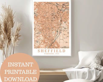 Sheffield vers 1910 : affiche de voyage, carte historique (sans IA), cadeau South Yorkshire, éventail anglais, Grande-Bretagne, décoration d'intérieur britannique
