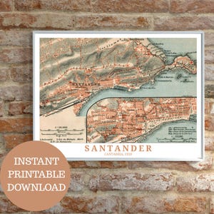 Santander intorno al 1920: mappa d'epoca (senza IA), poster di viaggio stampabile, amanti della Spagna settentrionale, idea regalo per una vacanza in Cantabria, arte murale spagnola
