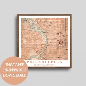 May include: Framed vintage map print of Philadelphia, Pennsylvania, from 1894. The map features a detailed street layout, with the Schuylkill River running through the center. The print is in warm, earthy tones and is labeled "Philadelphia, Pennsylvania, 1894."