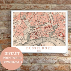 Düsseldorf zoals het was in 1895: Originele stadskaart (zonder AI), zelf af te drukken wanddecoratie, Rijn, kunstdruk, cadeau-idee voor Düsseldorfers