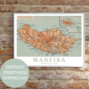 Madère vers 1909 : carte vintage (sans IA), affiche de voyage imprimable, amoureux du Portugal, idée cadeau vacances à Madère, portugais, art mural