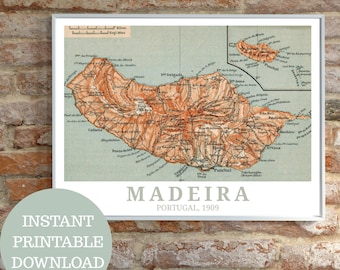 Madeira around 1909: Vintage map (without AI), printable travel poster, Portugal lovers, Madeira vacation gift idea, Portuguese, Wall Art