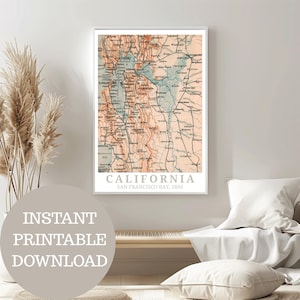 San Francisco Bay 1894: Vintage-Karte Kalifornien, Reiseposter Printable, Geschenk,  Monterey Bay, Oakland, San Jose, Sacramento, Santa Cruz