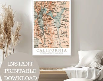 May include: Vintage map print of San Francisco Bay, California in 1894. The map is in shades of blue, green, and brown, with a white border and text. The text reads "CALIFORNIA, SAN FRANCISCO BAY, 1894".