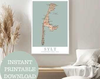 Sylt as it was in 1911: Printable poster historical island map, North Sea poster, gift for Sylt lovers, Schleswig-Holstein, North Frisia