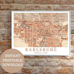 Karlsruhe around 1909: Travel poster, antique map (no AI!), vintage wall art printable, Baden-Württemberg, gift idea for Karlsruhe residents