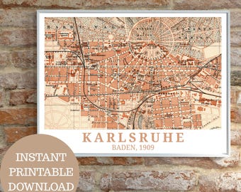Karlsruhe around 1909: Travel poster, antique map (no AI!), vintage wall art printable, Baden-Württemberg, gift idea for Karlsruhe residents