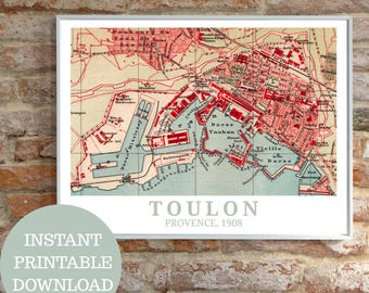Toulon 1908 : Carte vintage (sans IA), affiche de voyage imprimable, amoureux de la Provence, art mural de carte, décoration d'intérieur pour les fans de France, idée cadeau