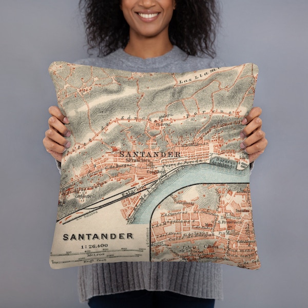 Santander in 1920: gift idea, decorative pillow with a historical city map, Cantabria print, Northern Spain, gift for Spaniards, Spain lover