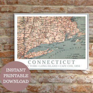 Connecticut um 1894: Reiseposter, antike Karte (keine AI), Vintage Wall Art, Cape Cod, Bridgeport, New Haven, Rhode Island, Long Island