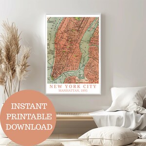 New York wie es war 1895: druckbares Reiseposter, basierend auf Original-Stadtplan (keine KI), NYC Dekor, sofortiger Download, Süd-Manhattan