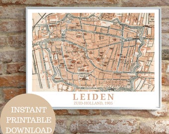 May include: A framed vintage map of Leiden, Zuid-Holland, from 1905. The map is in shades of peach and beige, with detailed streets and waterways. The words "LEIDEN" and "ZUID-HOLLAND, 1905" are printed below the map. A circular graphic reads "INSTANT PRINTABLE DOWNLOAD".