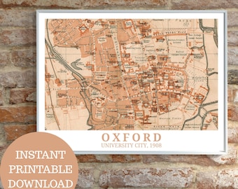 May include: Framed vintage map print of Oxford, University City, 1908, in a sepia tone. The map details the city's layout with streets, buildings, and landmarks. The words "Oxford University City, 1908" are printed at the bottom.