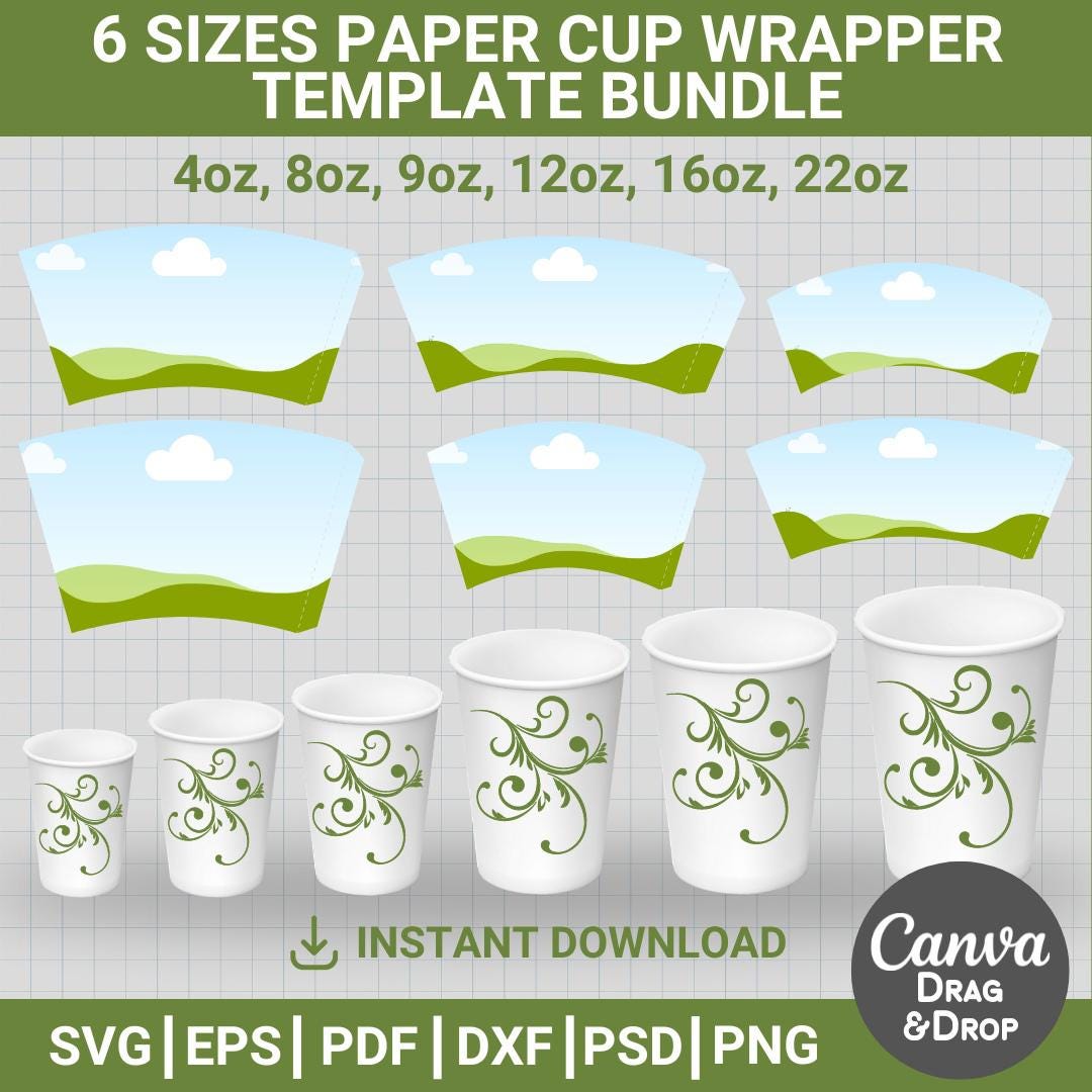 Paper Cup Wrapper Svg, Bundle, 6 Sizes, Paper Coffee Cup Blank Template ...