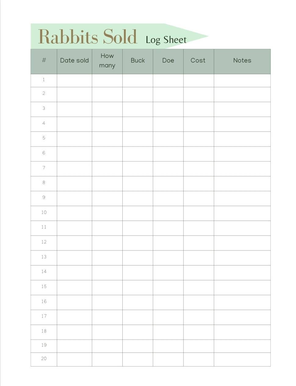 Rabbit Breeding Log Worksheet and More - Etsy