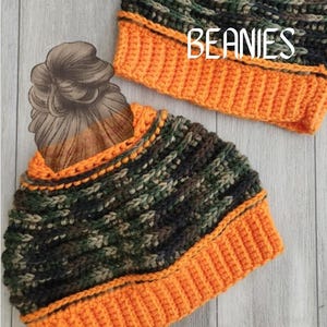 Crochet Messy Bun Beanie Camo with hunters Orange