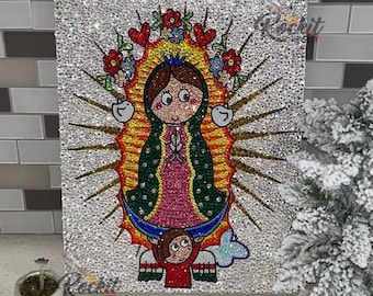 Handmade Bedazzled Virgencita de Guadalupe Wall Art. Cartoon Wall Frame