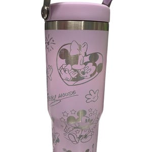 Mickey and Minnie  Laser Engraved 30oz Tumblers. Flip lid with handle. Laser Engraved.