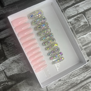 20 set of Pink Acrylic nail set with bling nails long coffin (READY TO SHIP)  include glue and file