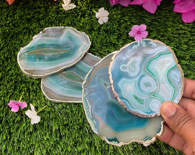 Agate Coasters Green With Gold Edge Silver Natural Toned, Geode Coasters Handmade for Gifts and Home Decor