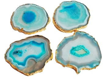 Sottobicchieri in agata blu cielo con sottobicchieri in geode con bordo dorato fatti a mano per regali e decorazioni per la casa