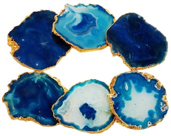 Blue Agate Coasters Set Bulk Crystal Slice - Rimmed Toned Edge Agate Geode Coasters Handmade for Housewarming Gifts and Home Decor