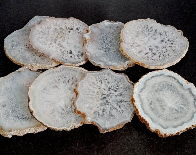 White Agate Coasters With Gold Toned Edge Bulk Set Natural Crystal Geode Coasters Handmade for Gifts and Home Decor